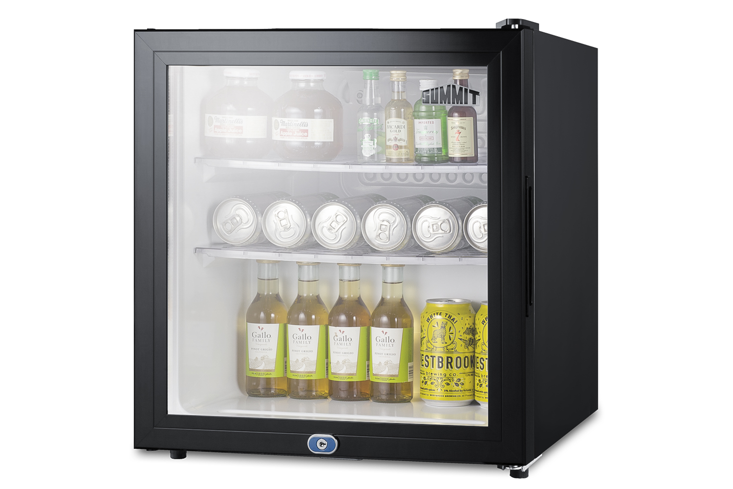 Compact minibar with reversible glass door, front lock, and glossy black cabinet